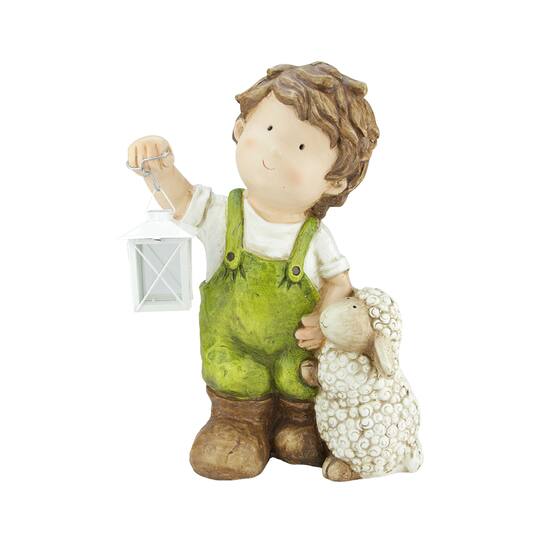 16.5" Young Boy Gnome with Lamb & Lantern Outdoor Garden Patio Figure